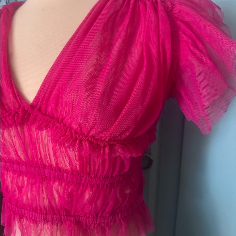 Free People Sheer Pink Ruffle Top - Picture 3 of 7
